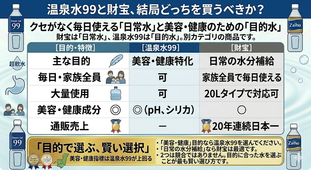 財宝と温泉水の目的別購入の選択