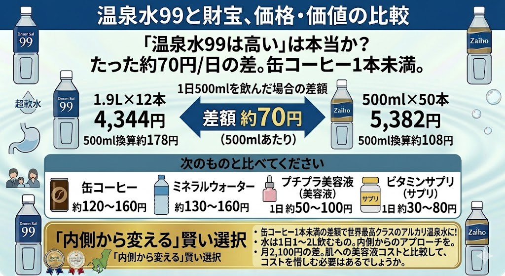 温泉水と財宝の価格の比較