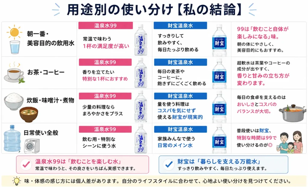 温泉水99の使い分け