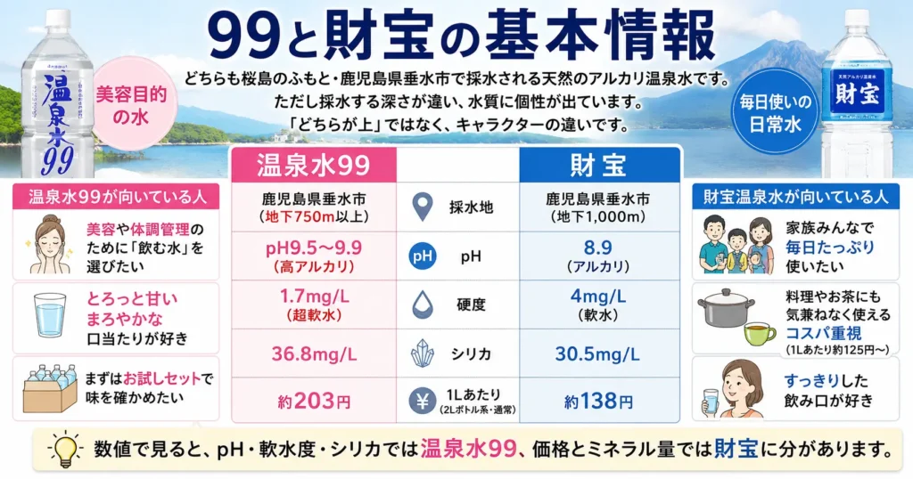 温泉水99と財宝温泉水の基本情報