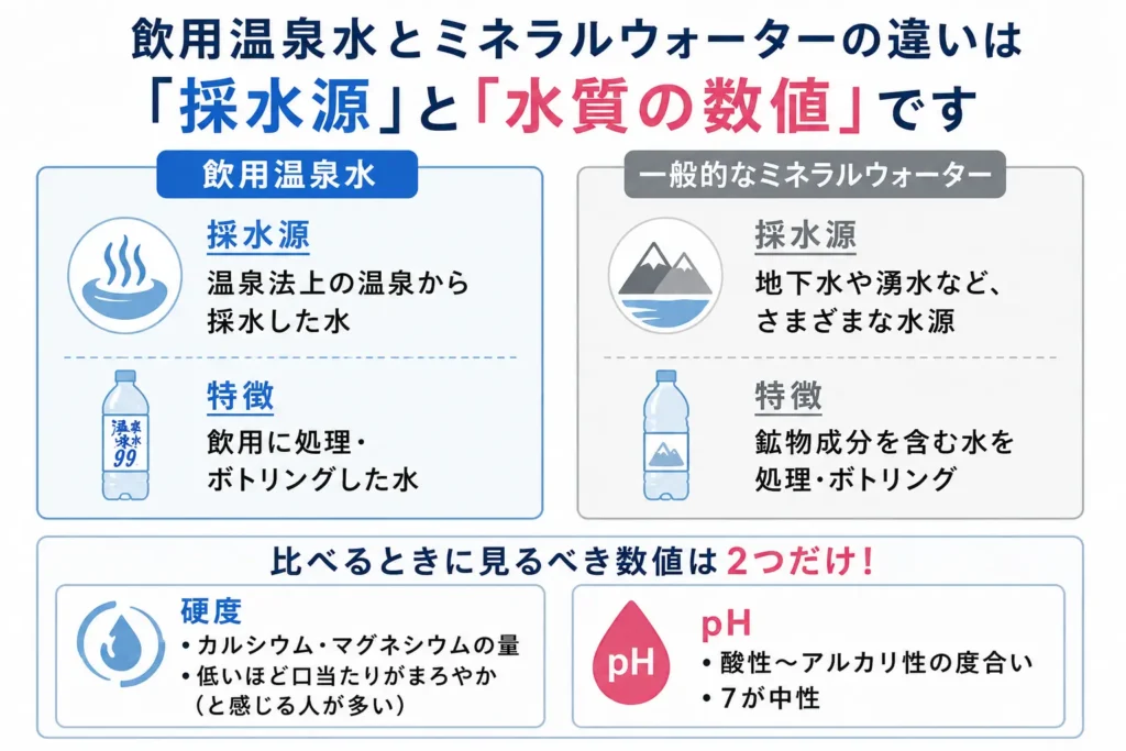 違いは「採水源」と「水質の数値」です